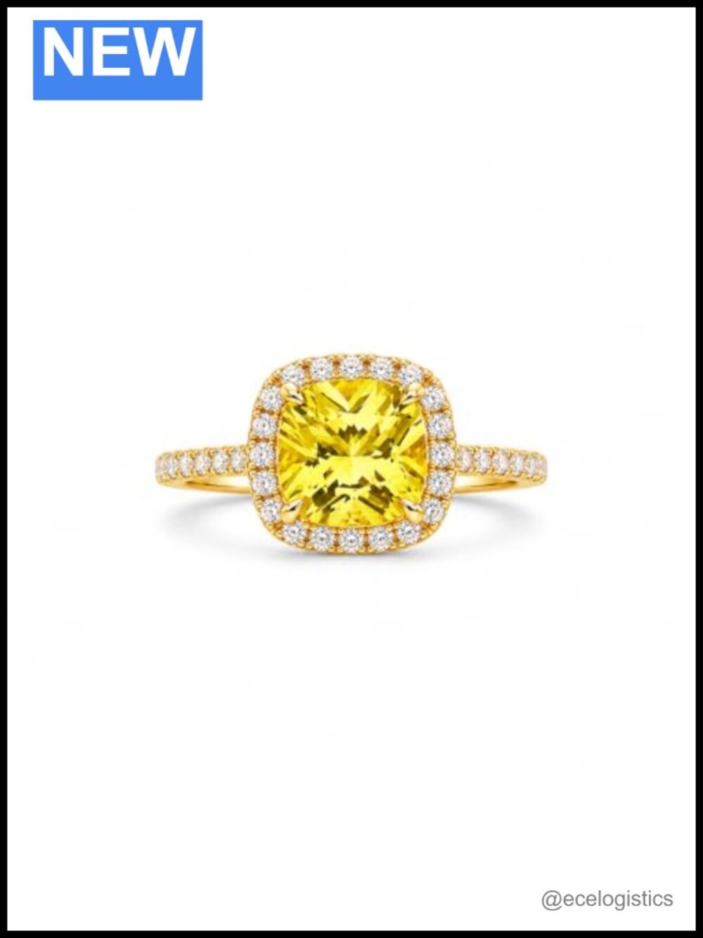 Lab Grown Yellow Sapphire Cushion Halo Ring in 18K Yellow Gold Plated Sterling